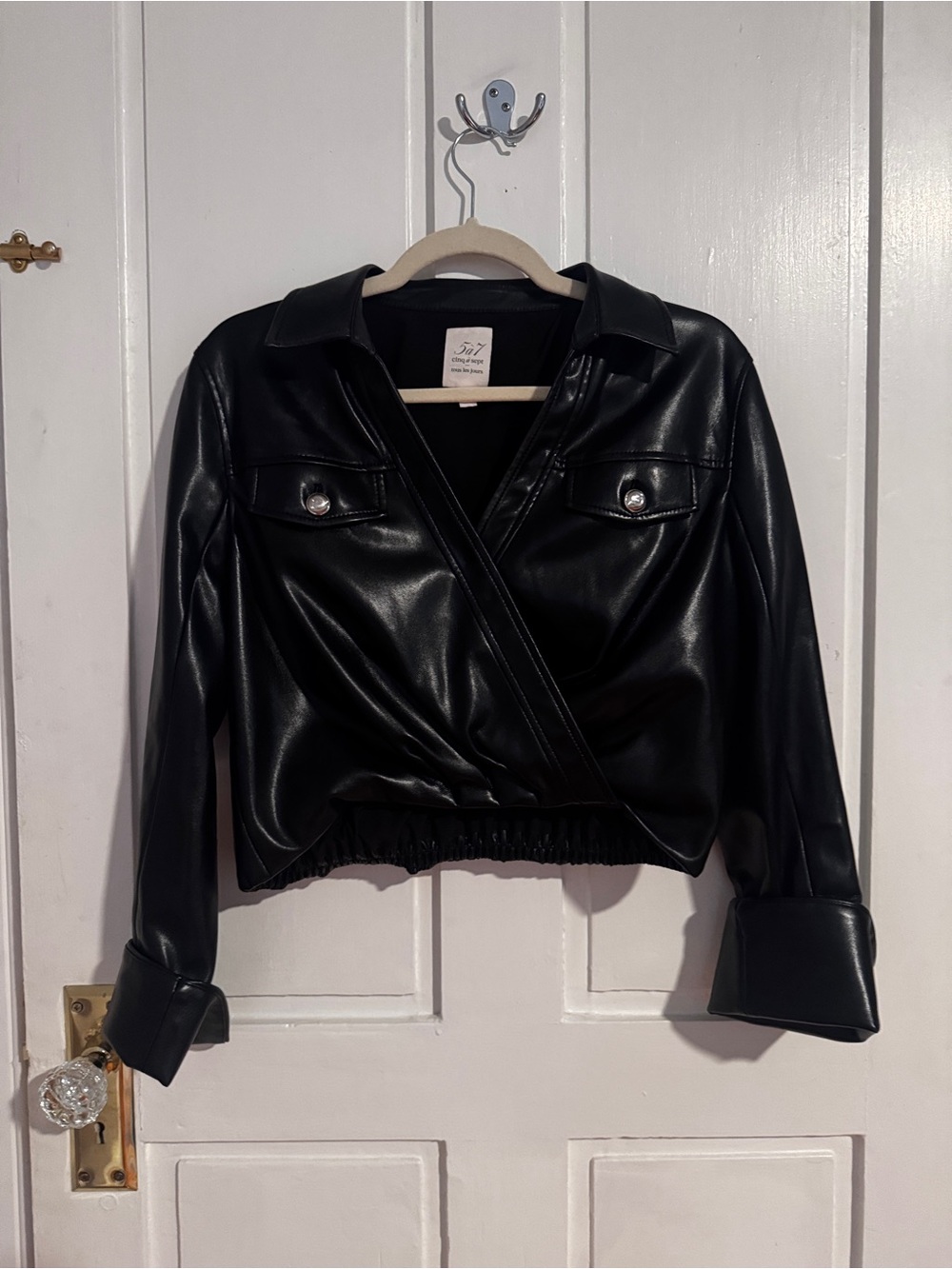 cinq a sept Black Faux Leather Cropped Wrap Jacket